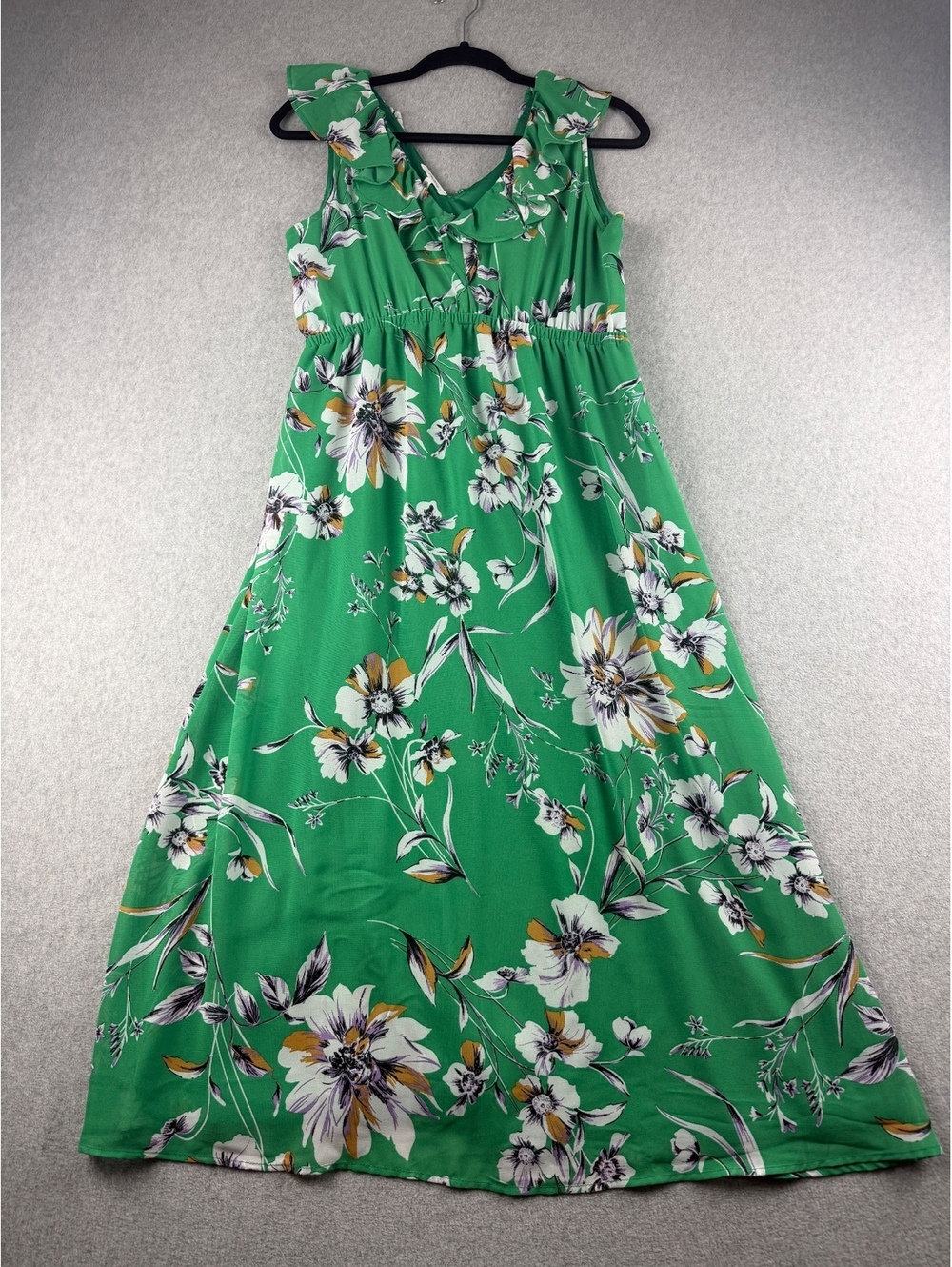 Maurices Floral Maxi Dress M Green Ruffle V Neck Sleeveless Cottagecore